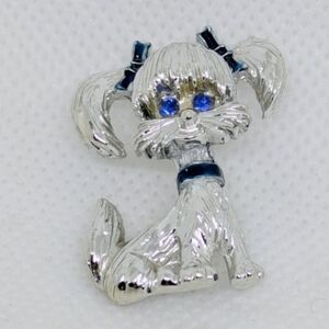 Adorable Vintage Dog Brooch Silver Tone Blue Rhinestone Accents Puppy Poodle